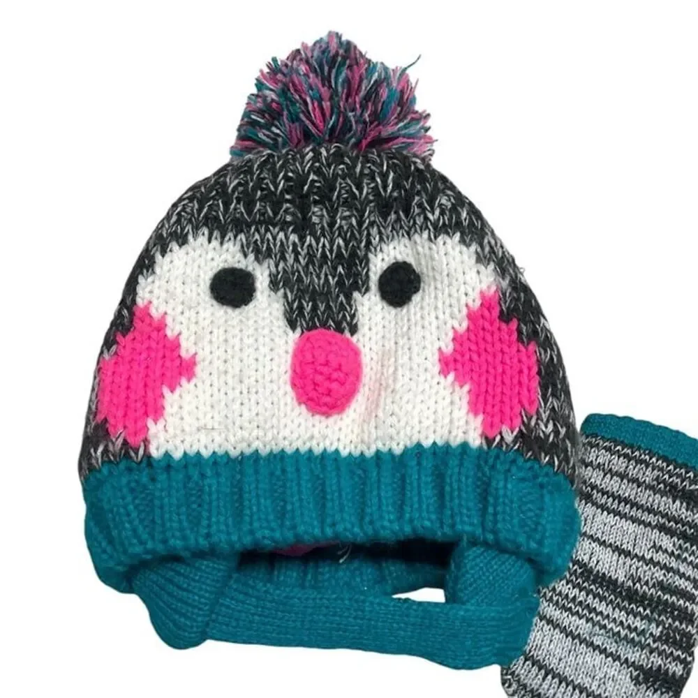 Infant baby winter snow penguin Fleece Beanie with Chin Strap & mittens